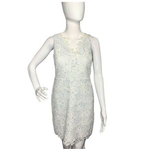 LOFT Womens 00P White Blue Floral Lace Applique Eyelet Mini Dress Sleeve…